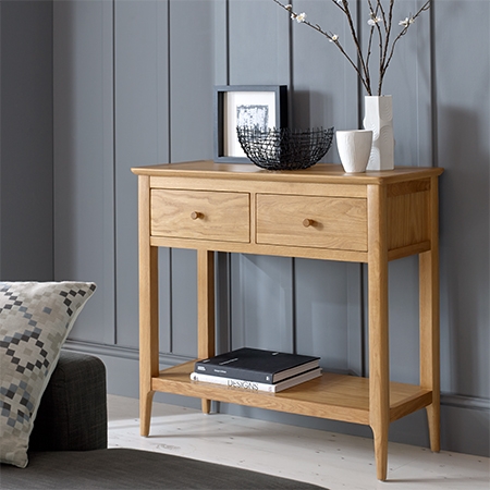 Product photograph of Wadsworth Waxed Oak Narrow Console Table 2 Drawers Hallway from Choice Furniture Superstore.