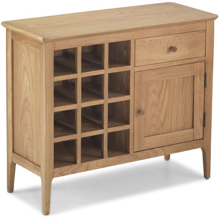 Product photograph of Wadsworth Waxed Oak Small Sideboard With Wine Rack 90cm With 1 Door And 1 Drawer from Choice Furniture Superstore.