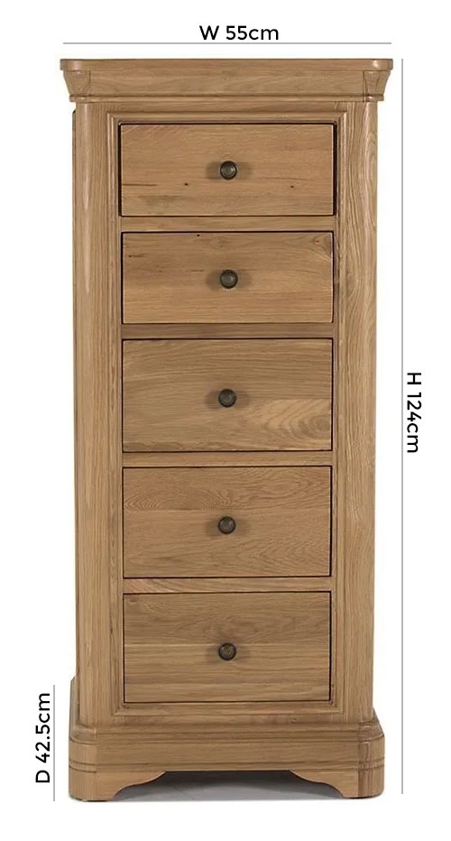 Product photograph of Vida Living Carmen Oak 5 Drawer Tall Chest from Choice Furniture Superstore.