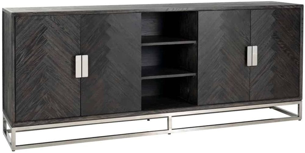 Product photograph of Blackbone Black Oak 4 Door Extra Large Sideboard With Silver Trim from Choice Furniture Superstore.