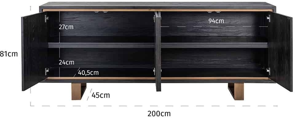 Product photograph of Hunter Black Oak 200cm Extra Large Sideboard With Gold Trim from Choice Furniture Superstore.