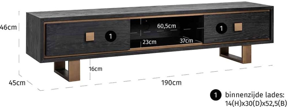 Product photograph of Hunter Black Oak Extra Large Tv Unit With Gold Trim from Choice Furniture Superstore.