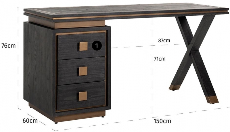 Product photograph of Hunter Black Oak And Gold 3 Drawer Desk from Choice Furniture Superstore.