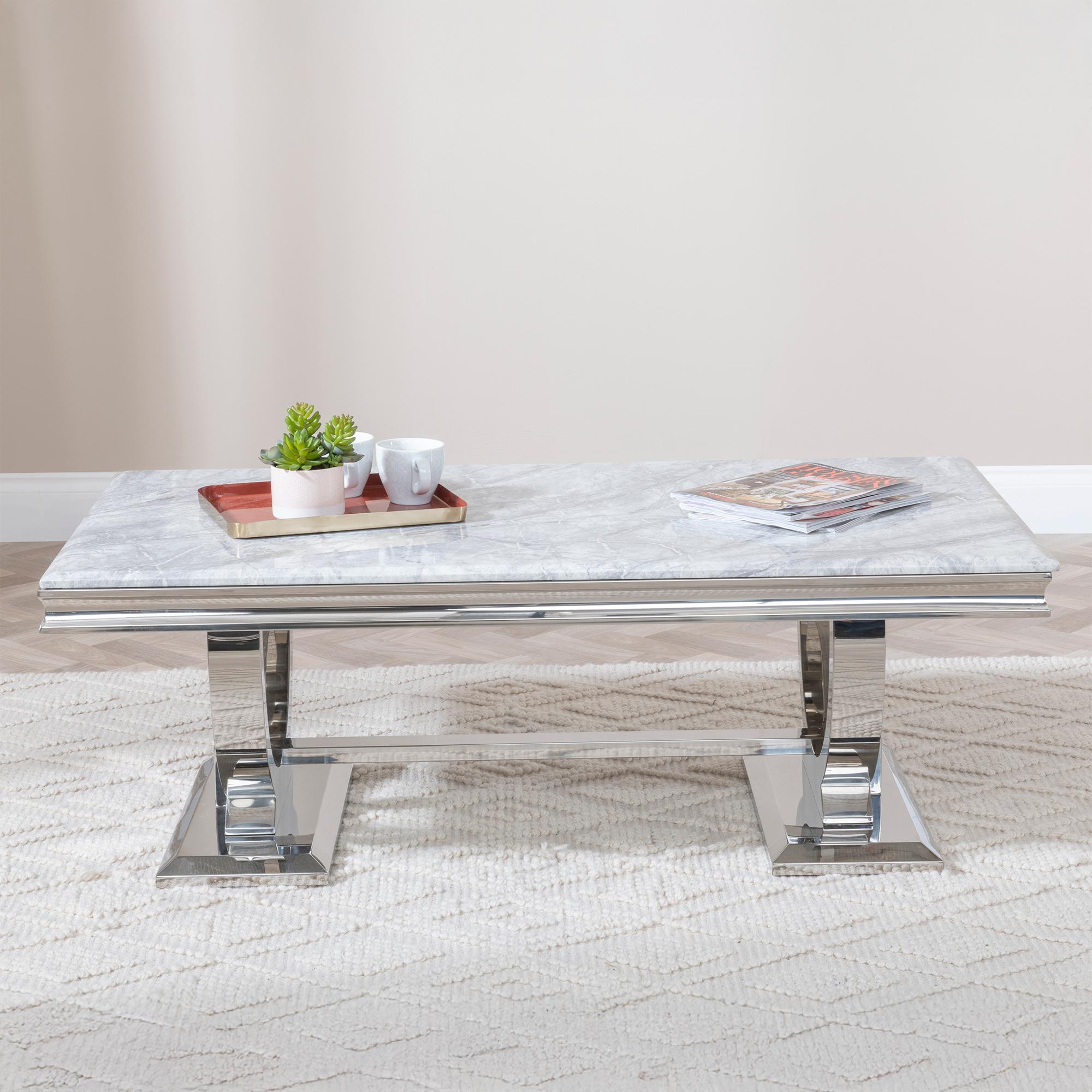 Product photograph of Glacier Grey Marble And Chrome Coffee Table from Choice Furniture Superstore.