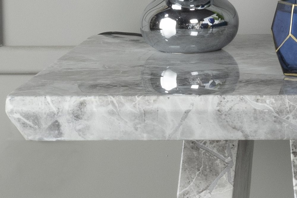 Product photograph of Milan Marble Side Table Grey Square Top With Triangular Pedestal Base from Choice Furniture Superstore.