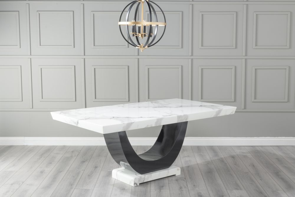 Product photograph of Madrid Marble Dining Table White Rectangular Top With Black Gloss U - Shaped Pedestal Base from Choice Furniture Superstore.