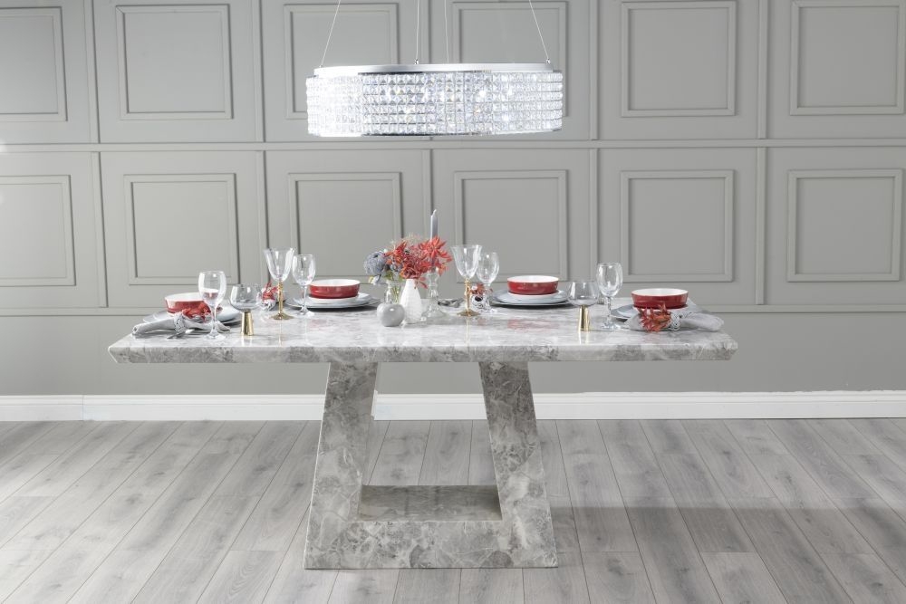 Product photograph of Milan Marble Dining Table Set Rectangular Grey Top And Triangular Pedestal Base With Athena Walnut And Cream Fabric Chairs from Choice Furniture Superstore.