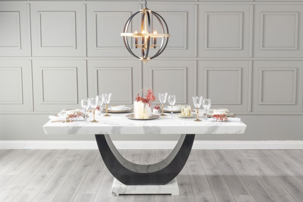 Product photograph of Madrid Marble Dining Table Set White Top And Black Gloss U - Shaped Pedestal Base With Athena Black High Gloss And Beige Fabric Chairs from Choice Furniture Superstore.