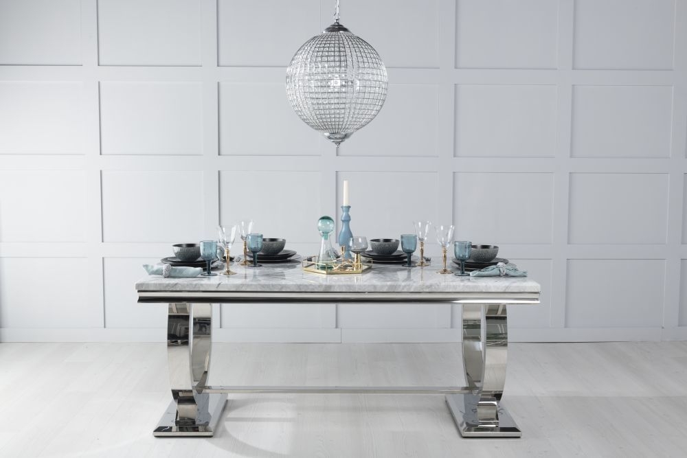 Product photograph of Glacier Marble Dining Table Set Rectangular Grey Top And Ring Chrome Base With Grey Fabric Knockerback Chairs With Chrome Legs from Choice Furniture Superstore.