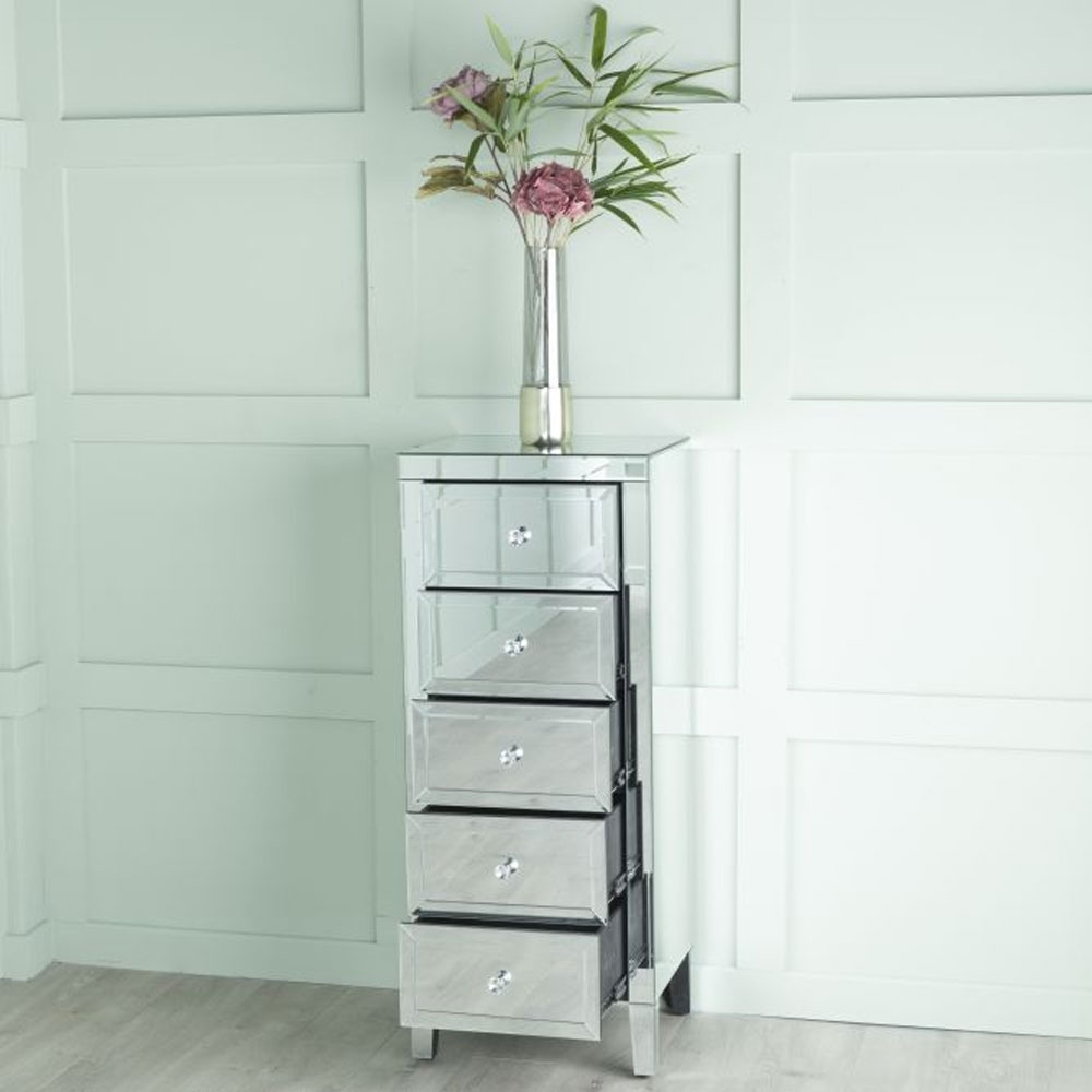 Product photograph of Lucia Mirrored 5 Drawer Narrow Chest - Tallboy from Choice Furniture Superstore.