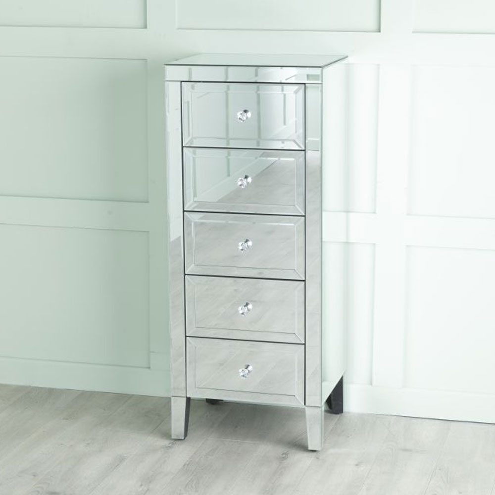 Product photograph of Lucia Mirrored 5 Drawer Narrow Chest - Tallboy from Choice Furniture Superstore.