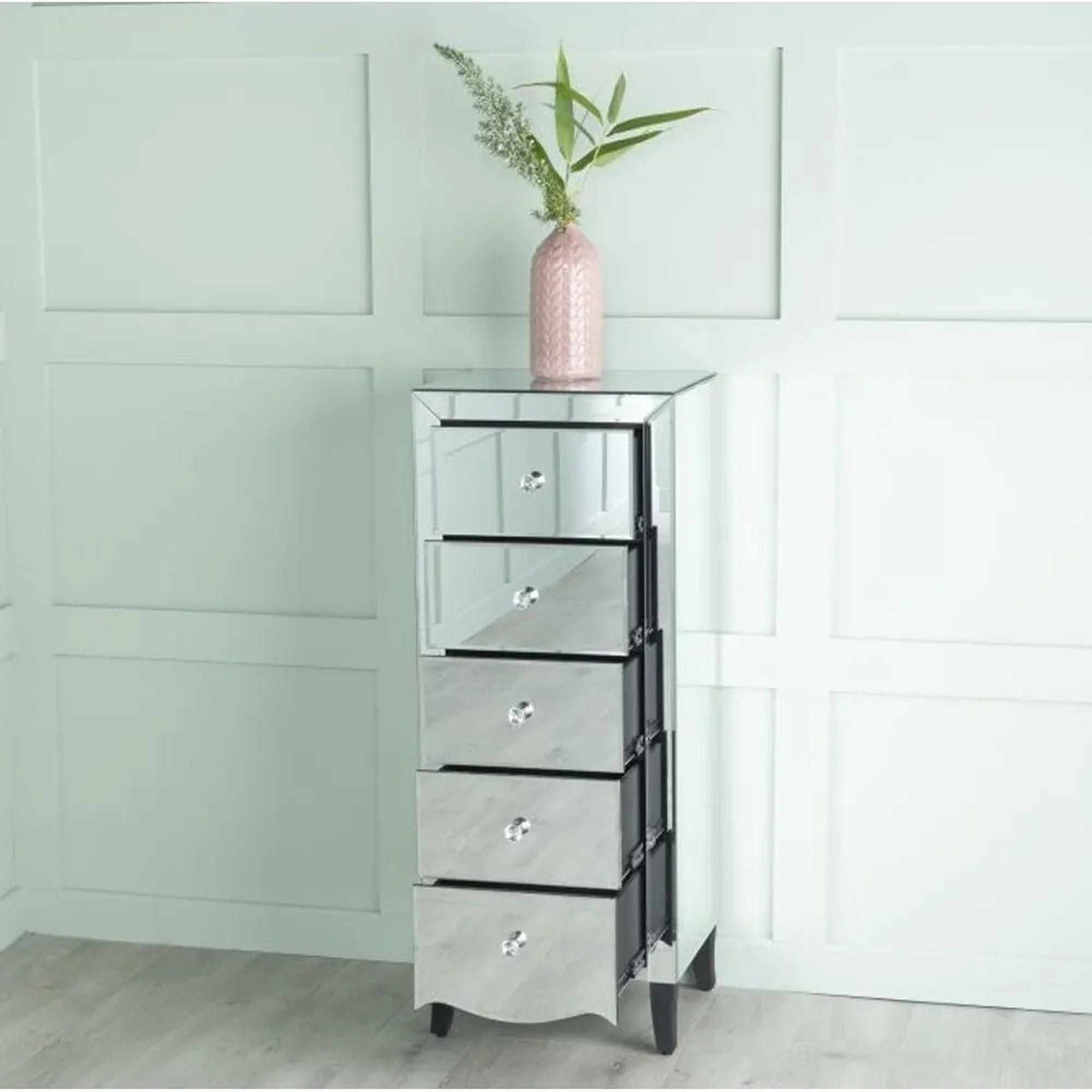 Product photograph of Venetian Mirrored 5 Drawer Narrow Chest - Tallboy With Black Legs from Choice Furniture Superstore.