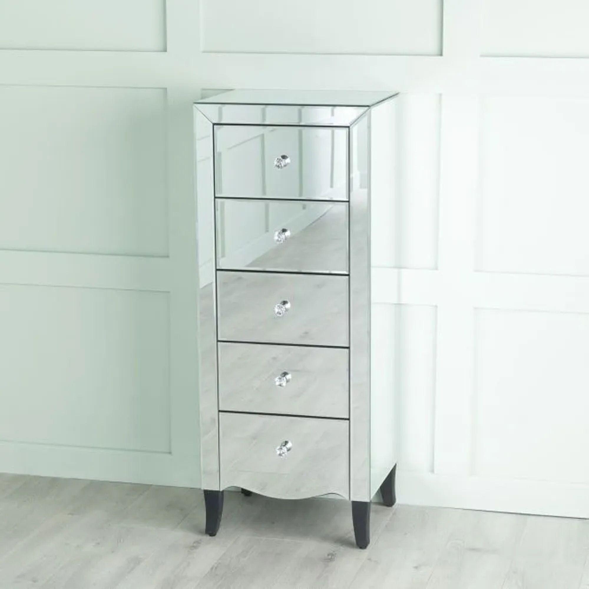 Product photograph of Venetian Mirrored 5 Drawer Narrow Chest - Tallboy With Black Legs from Choice Furniture Superstore.