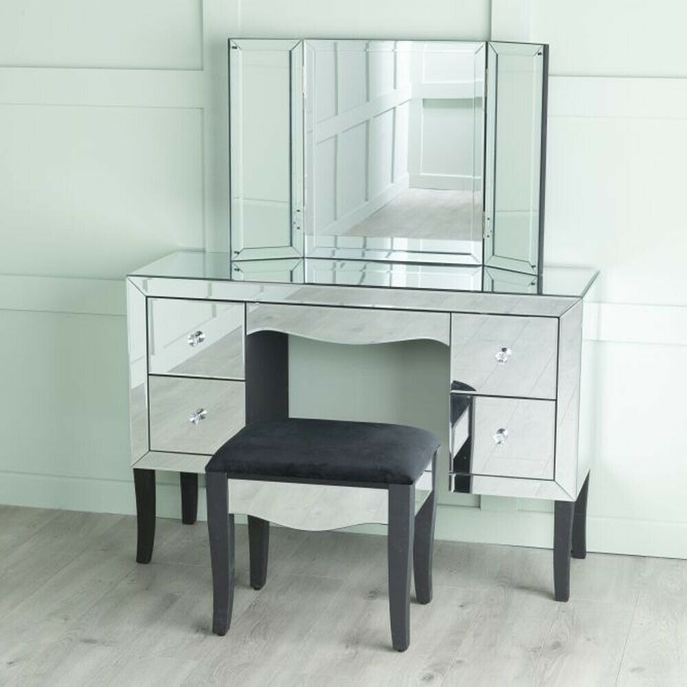 Product photograph of Venetian Mirrored Kneehole Dressing Table With Black Legs from Choice Furniture Superstore.