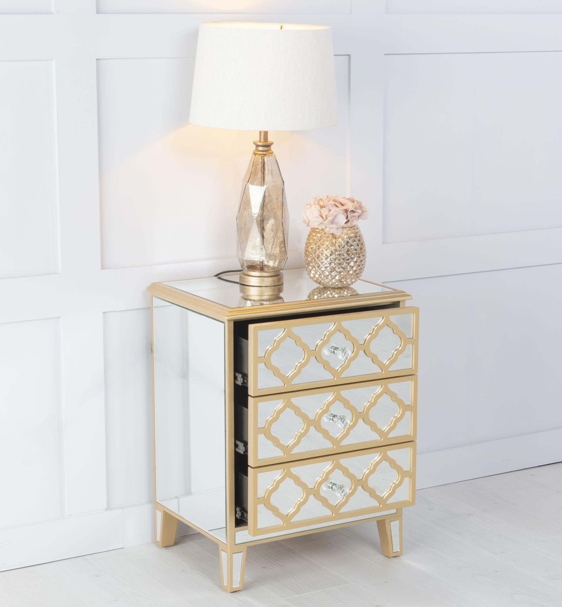 Product photograph of Casablanca Mirrored 3 Drawer Bedside Cabinet With Gold Trim from Choice Furniture Superstore.