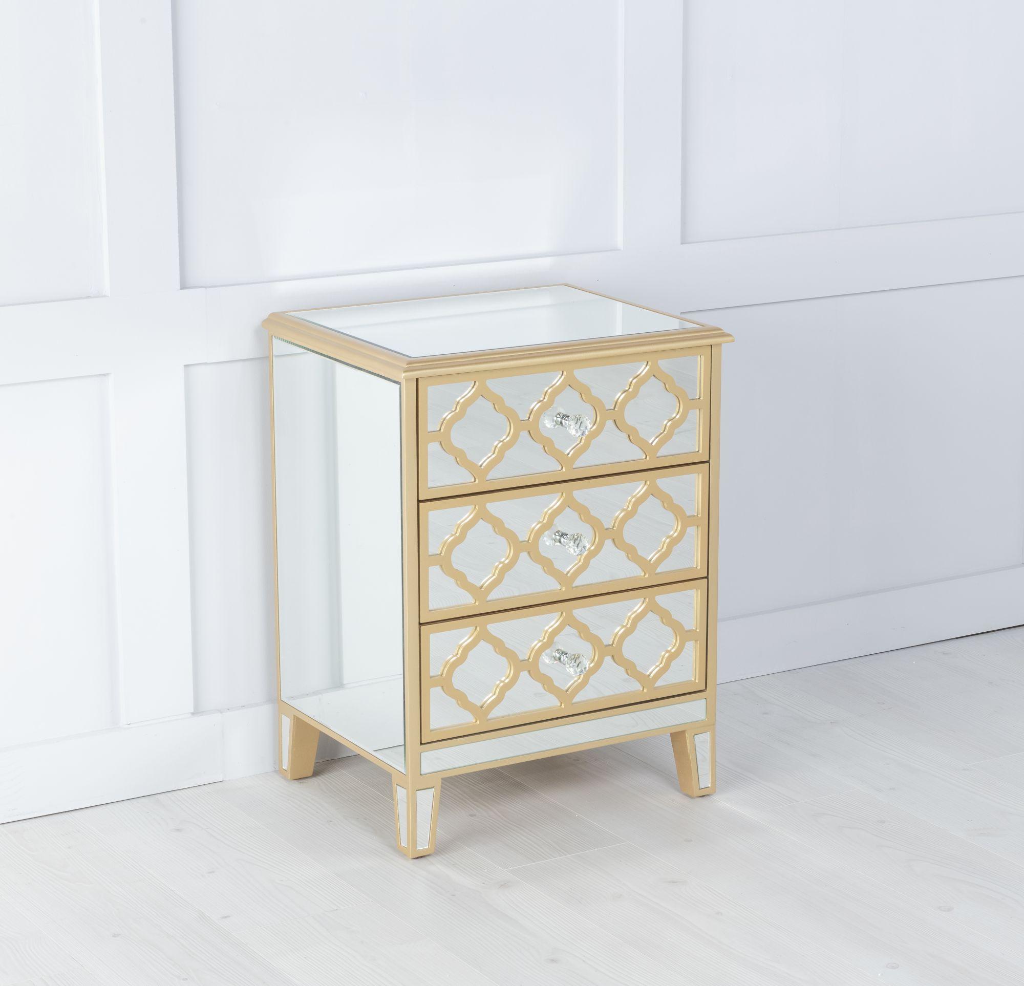 Product photograph of Casablanca Mirrored 3 Drawer Bedside Cabinet With Gold Trim from Choice Furniture Superstore.