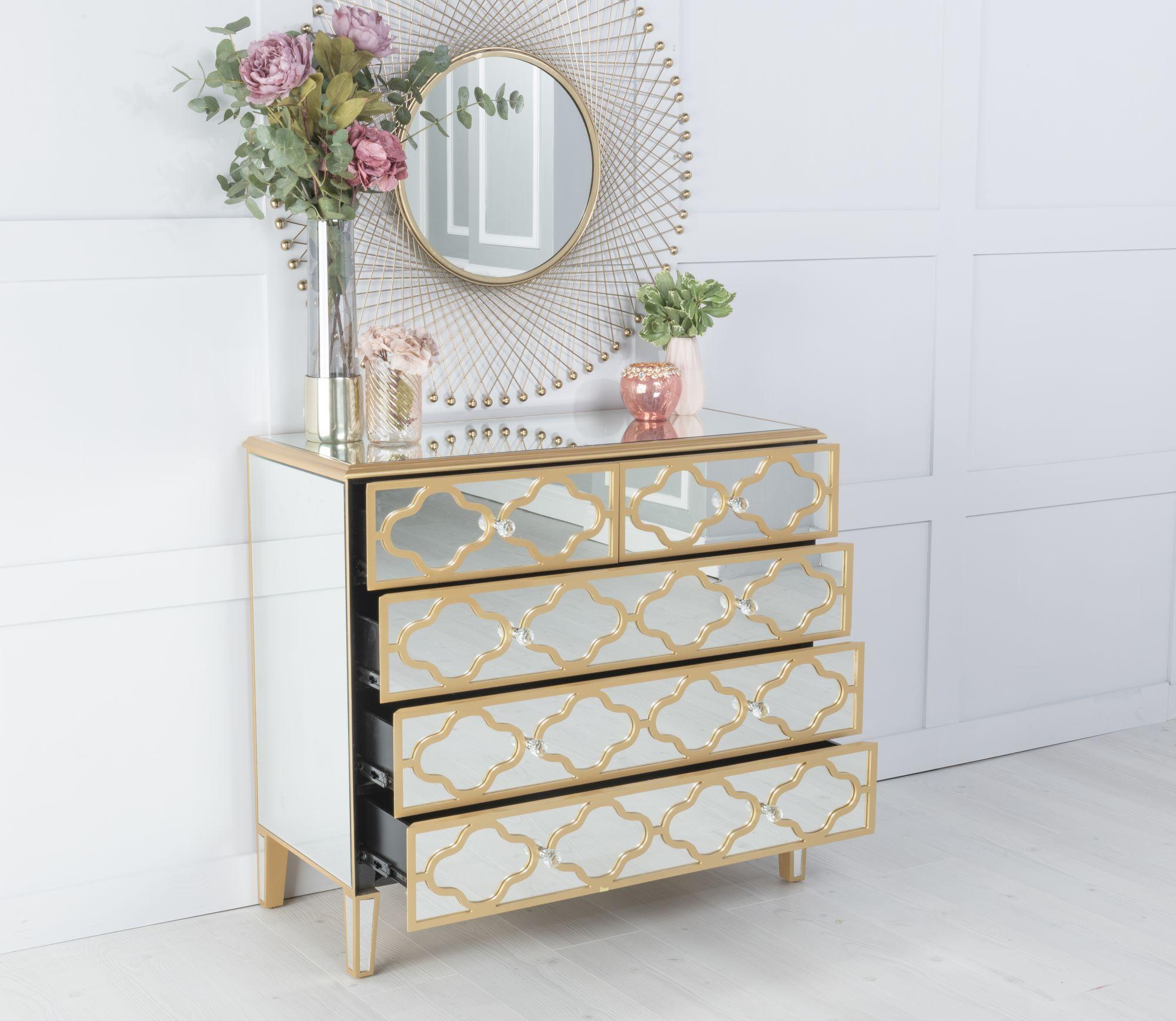 Product photograph of Casablanca Mirrored 3 2 Drawer Chest With Gold Trim from Choice Furniture Superstore.