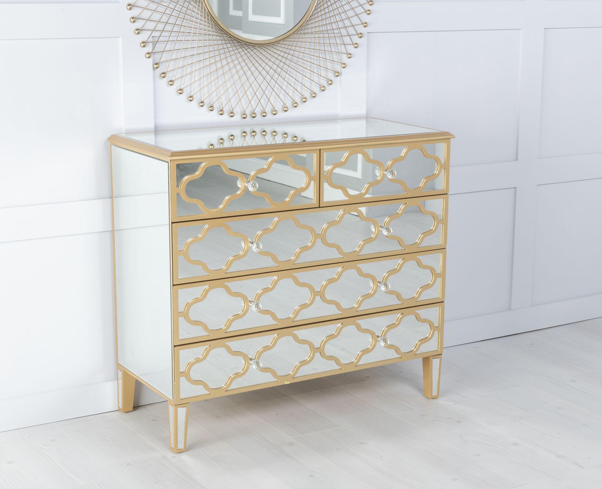 Product photograph of Casablanca Mirrored Gold Trim 3 2 Drawers Chest from Choice Furniture Superstore.