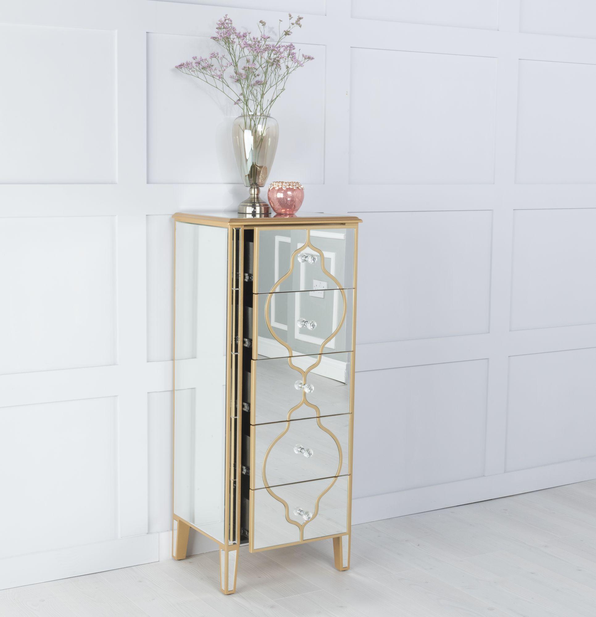 Product photograph of Casablanca Mirrored Gold Trim 5 Drawer Narrow Chest from Choice Furniture Superstore.