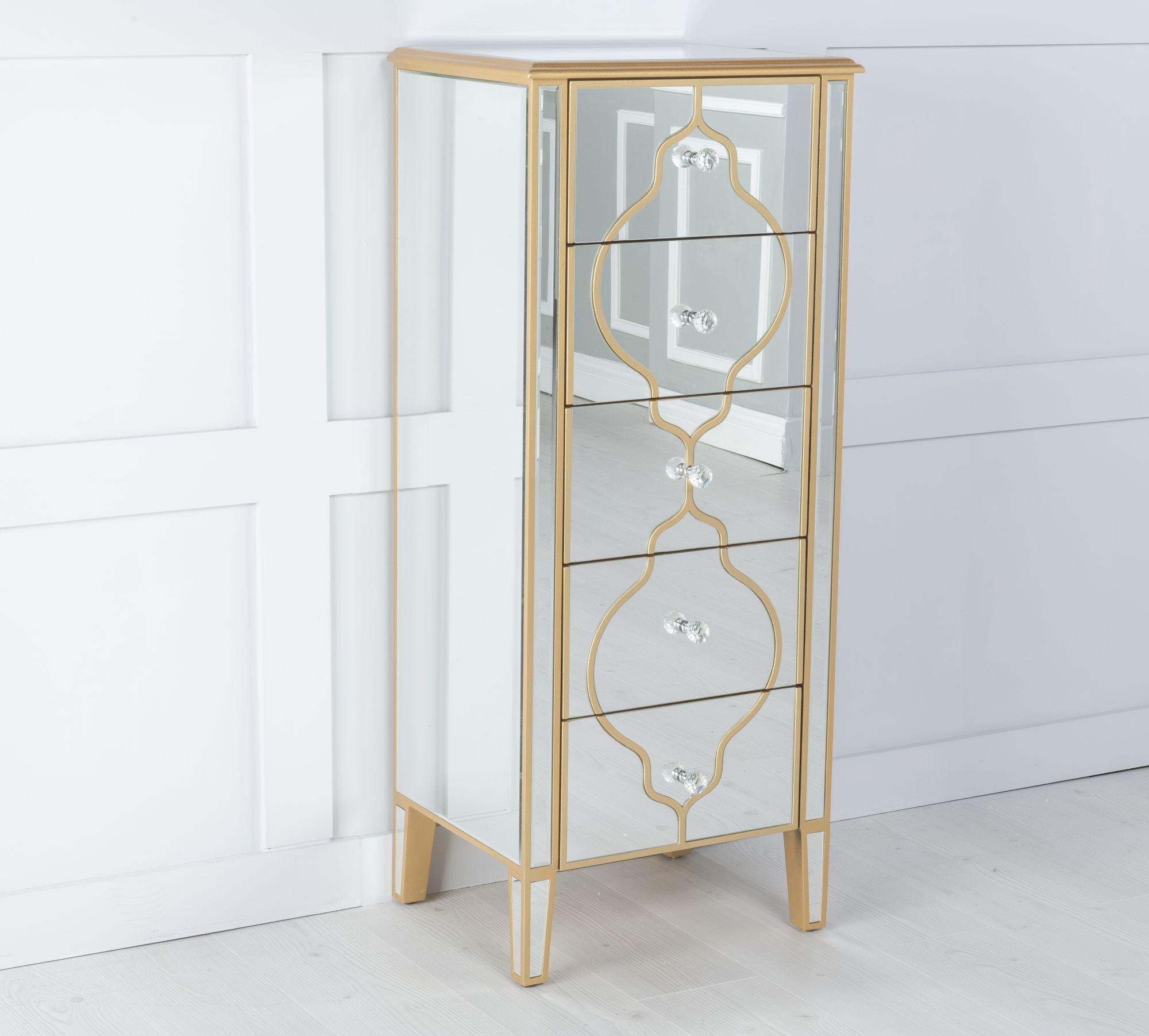 Product photograph of Casablanca Mirrored Gold Trim 5 Drawer Narrow Chest from Choice Furniture Superstore.