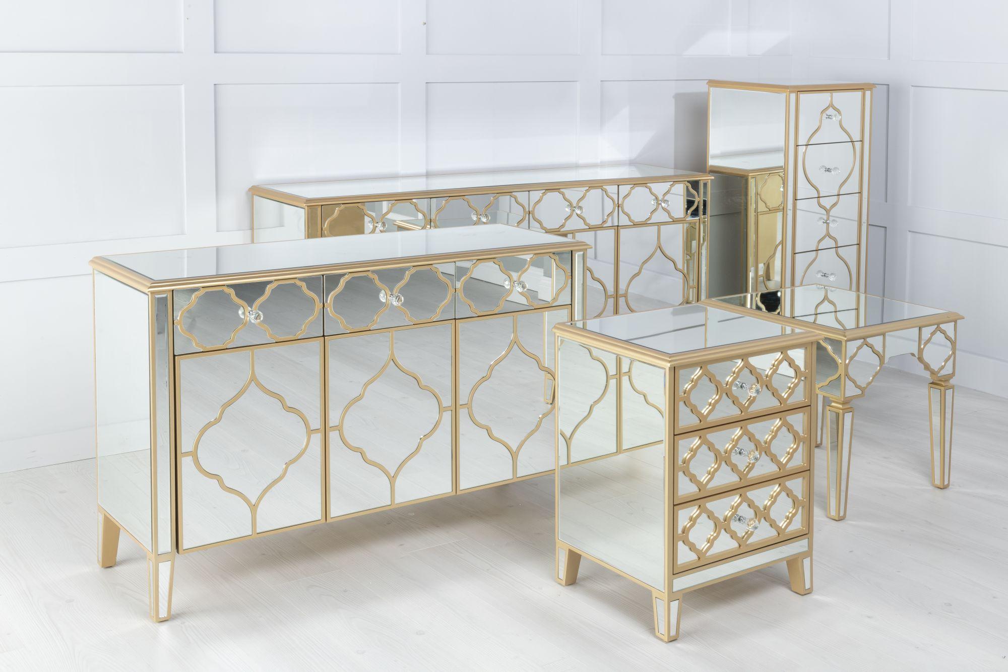 Product photograph of Casablanca Mirrored Gold Trim 5 Drawer Narrow Chest from Choice Furniture Superstore.