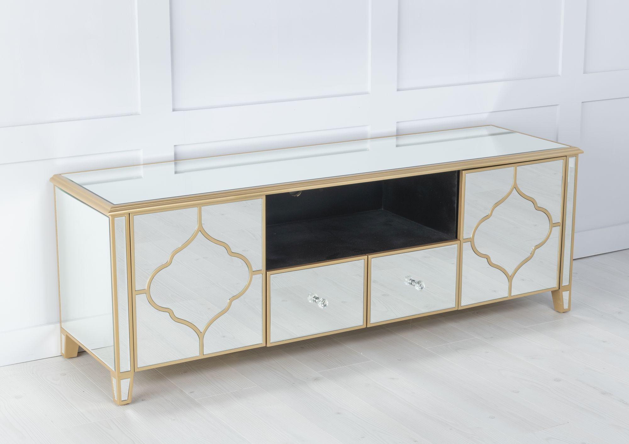 Product photograph of Casablanca Mirrored Tv Unit With Gold Trim from Choice Furniture Superstore.