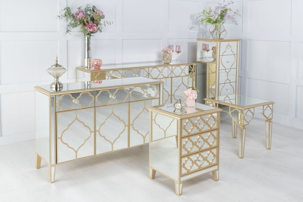 Product photograph of Casablanca Mirrored 3 Door Sideboard With Gold Trim from Choice Furniture Superstore.