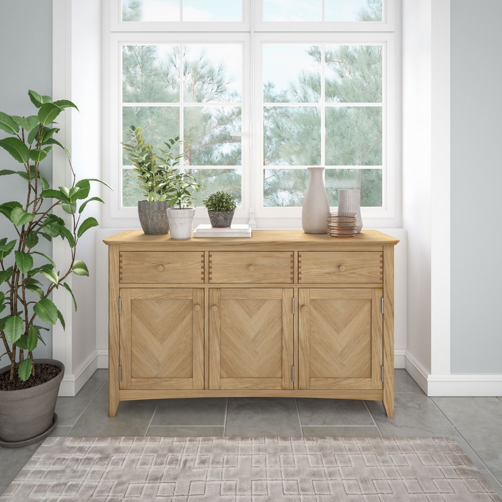 Product photograph of Celina Parquet Style Light Oak Large Sideboard 135cm W With 3 Parquet Doors And 3 Drawers from Choice Furniture Superstore.