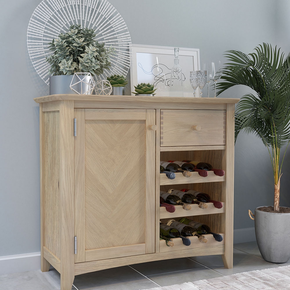 Product photograph of Celina Parquet Style Light Oak Wine Rack Cabinet from Choice Furniture Superstore.