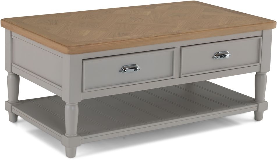 Product photograph of Shallotte Grey And Parquet Oak Top Coffee Table With 2 Drawers Storage from Choice Furniture Superstore.