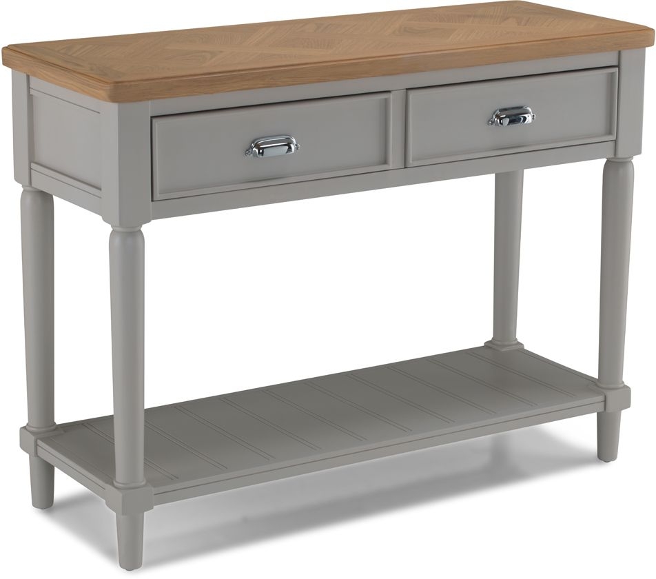Product photograph of Shallotte Grey And Parquet Oak Top Console Table 2 Drawers Hallway With Bottom Shelf from Choice Furniture Superstore.