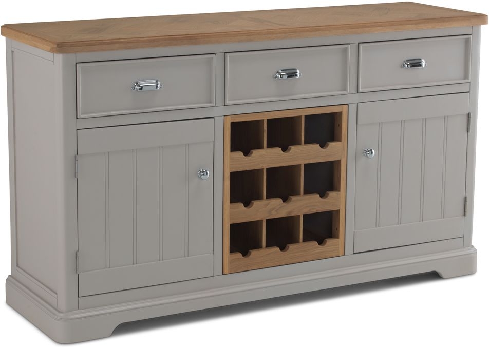 Product photograph of Shallotte Grey And Parquet Oak Top Medium Sideboard With Wine Rack 150cm With 2 Doors And 3 Drawers from Choice Furniture Superstore.