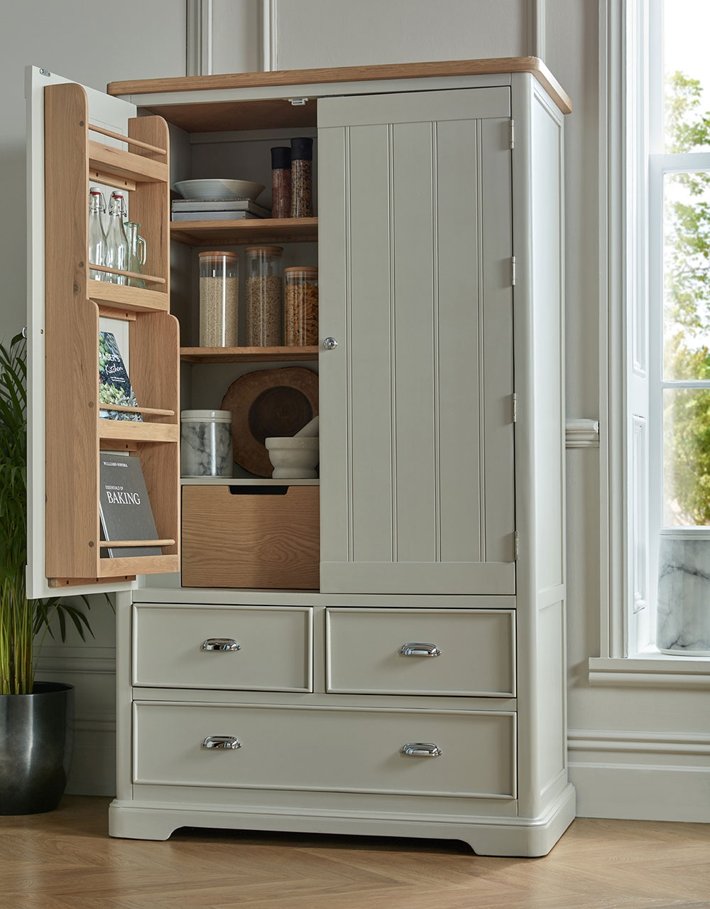 Product photograph of Shallotte Grey And Oak Top Larder Unit - 2 Doors And 3 Drawers from Choice Furniture Superstore.