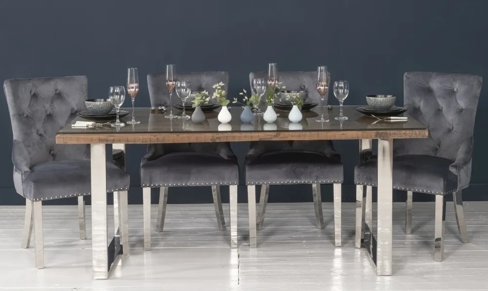 Product photograph of Railway Sleeper Dining Table With Glass Top 180cm Rectangular Seats 6 To 8 Diners With Stainless Steel Chrome U Legs Made From Reclaimed Wood from Choice Furniture Superstore.