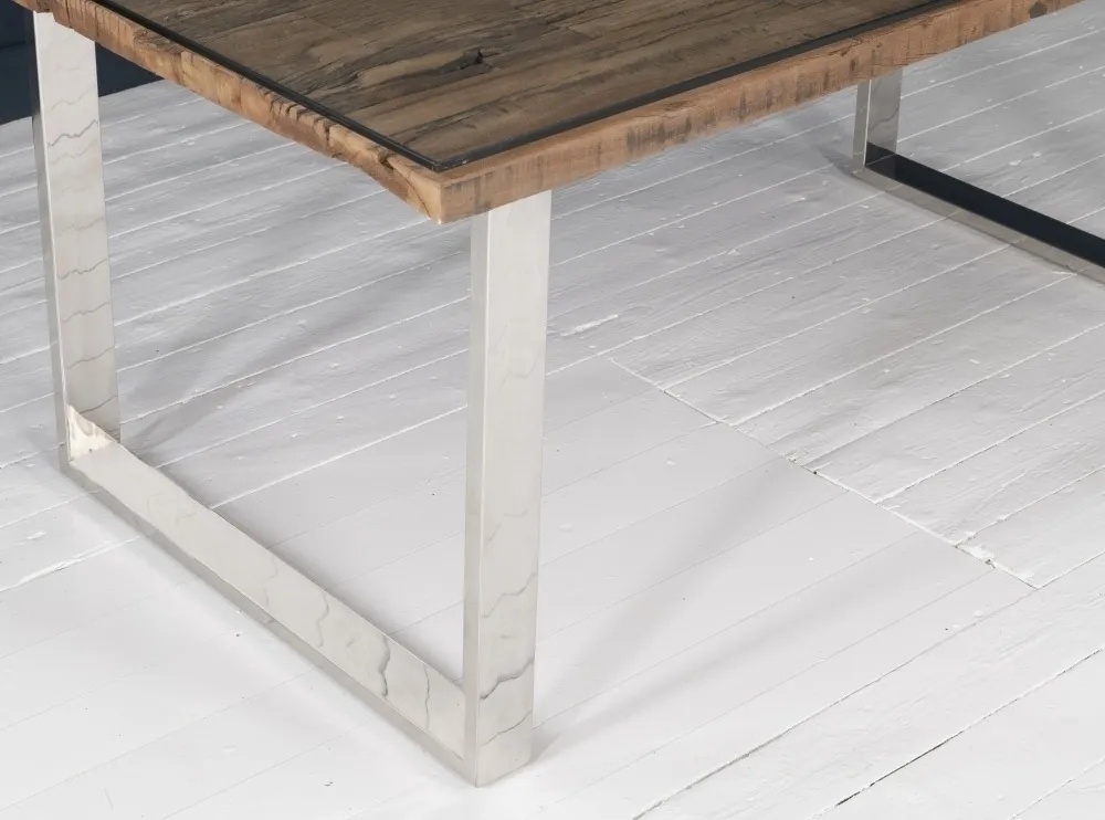 Product photograph of Railway Sleeper Dining Table With Glass Top 220cm Rectangular Seats 8 To 10 Diners With Stainless Steel Chrome U Legs Made From Reclaimed Wood from Choice Furniture Superstore.