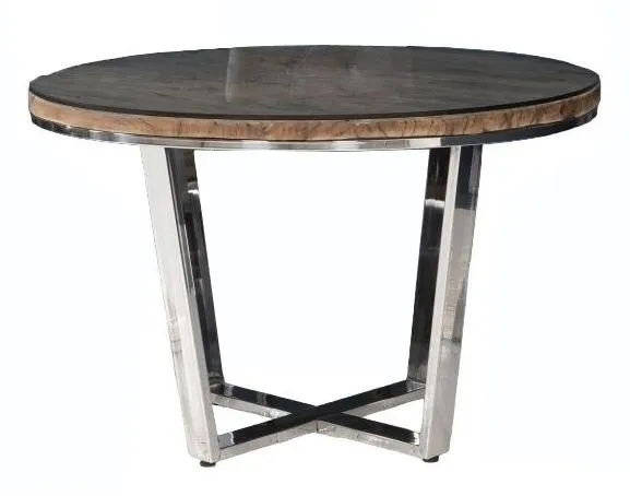 Product photograph of Railway Sleeper Dining Table With Glass Top 120cm Round Seats 4 Diners With Stainless Steel Chrome Legs Made From Reclaimed Wood from Choice Furniture Superstore.