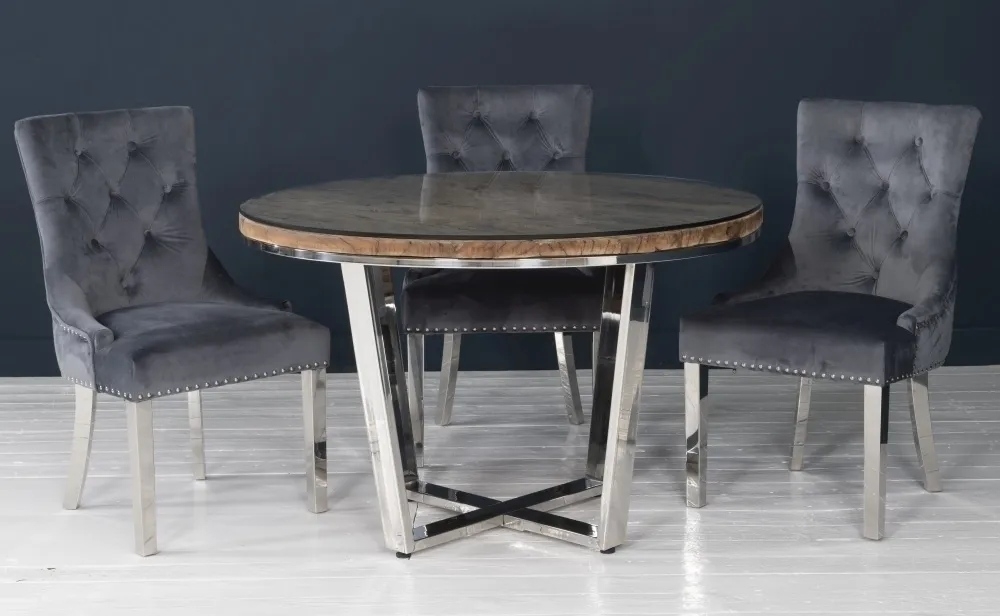 Product photograph of Railway Sleeper Dining Table With Glass Top 120cm Round Seats 4 Diners With Stainless Steel Chrome Legs Made From Reclaimed Wood from Choice Furniture Superstore.