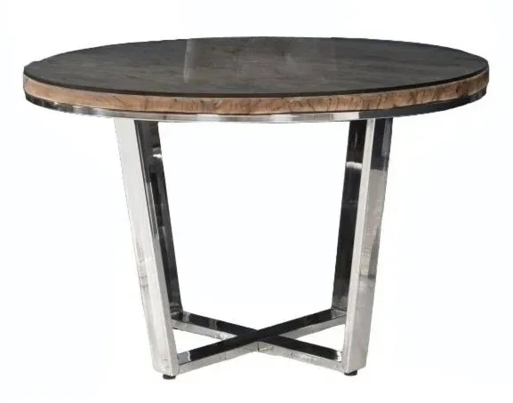 Railway Sleeper Dining Table with Glass Top, 120cm Round Seats 4 Diners with Stainless Steel Chrome Legs, Made from Reclaimed Wood