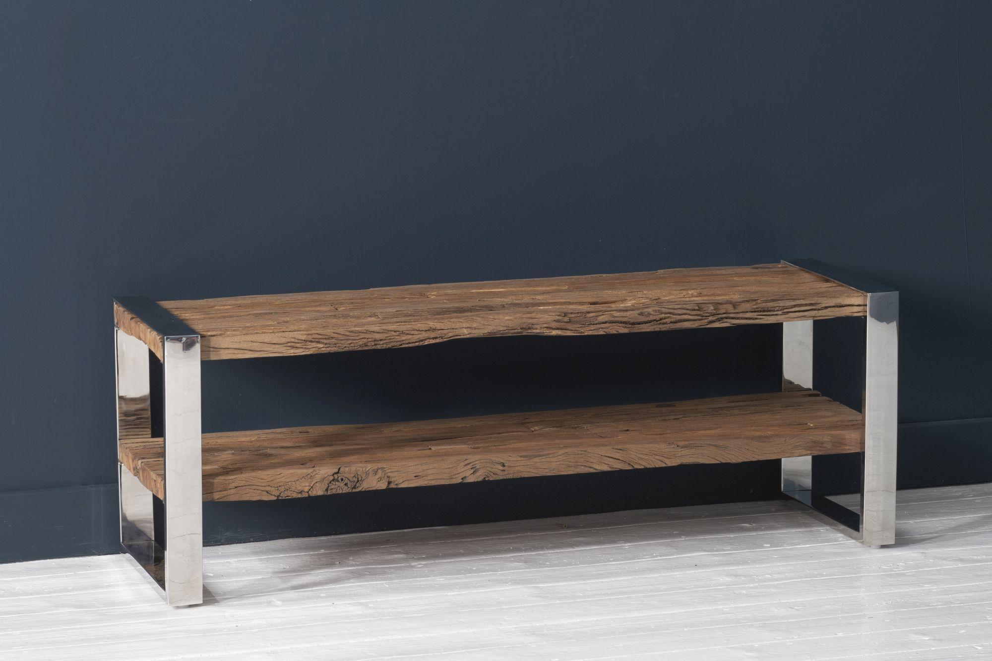 Product photograph of Clearance - Railway Sleeper Tv Bench With Glass Top 120cm Open Tv Unit Stand Upto 50in Plasma Made From Reclaimed Wood from Choice Furniture Superstore.