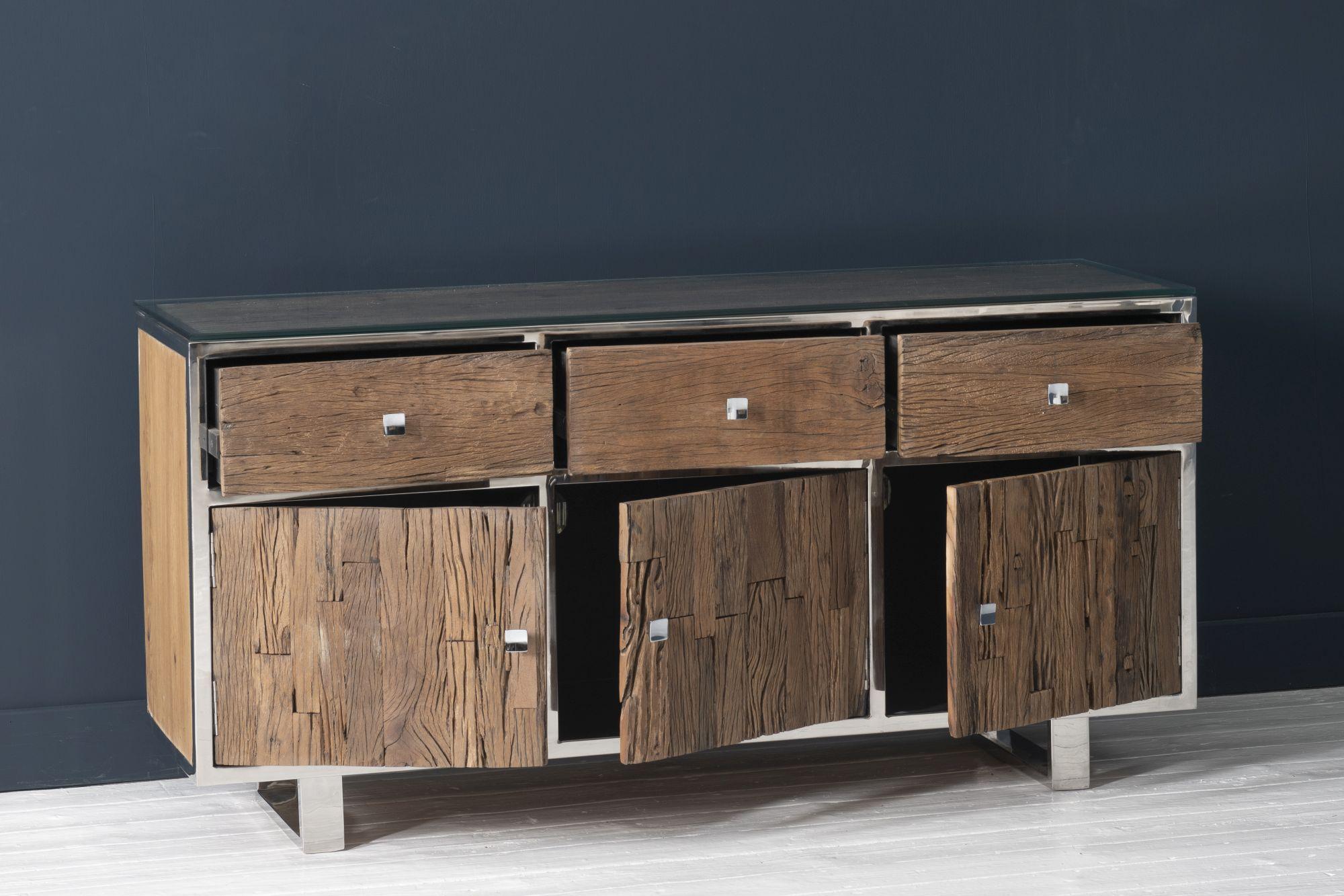 Product photograph of Clearance - Railway Sleeper 3 Door Large Sideboard With Glass Top 150cm Large Cabinet With Stainless Steel Trim Made From Reclaimed Wood from Choice Furniture Superstore.