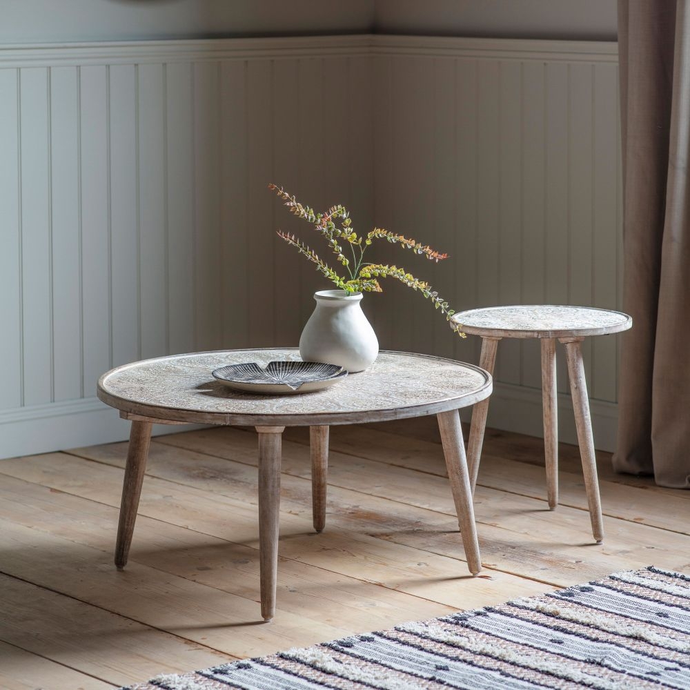 Product photograph of Agra Mango Wood Carved Round Side Table from Choice Furniture Superstore.