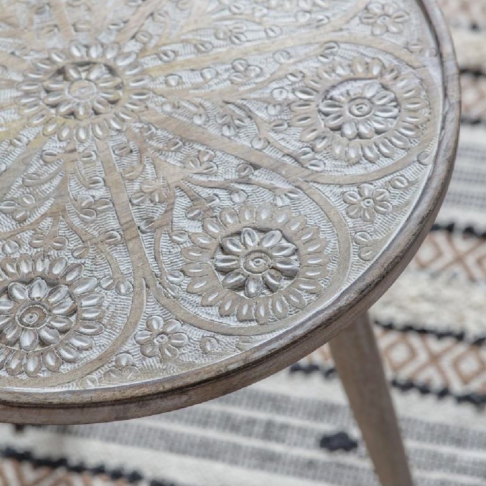 Product photograph of Agra Mango Wood Carved Round Side Table from Choice Furniture Superstore.