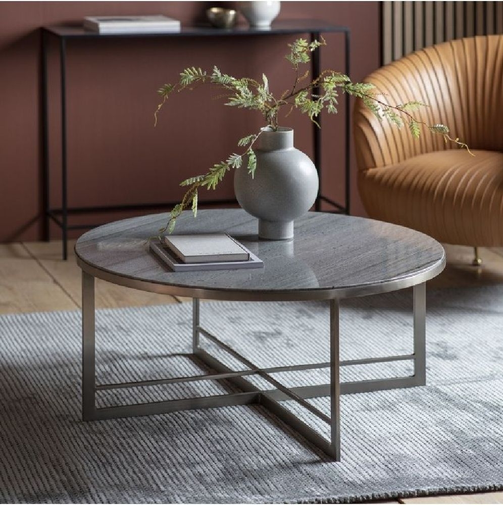 Product photograph of Necton Silver Marble Effect 90cm Round Coffee Table from Choice Furniture Superstore.