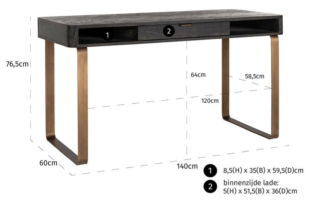 Product photograph of Blackbone Black Oak And Brass Office Desk from Choice Furniture Superstore.