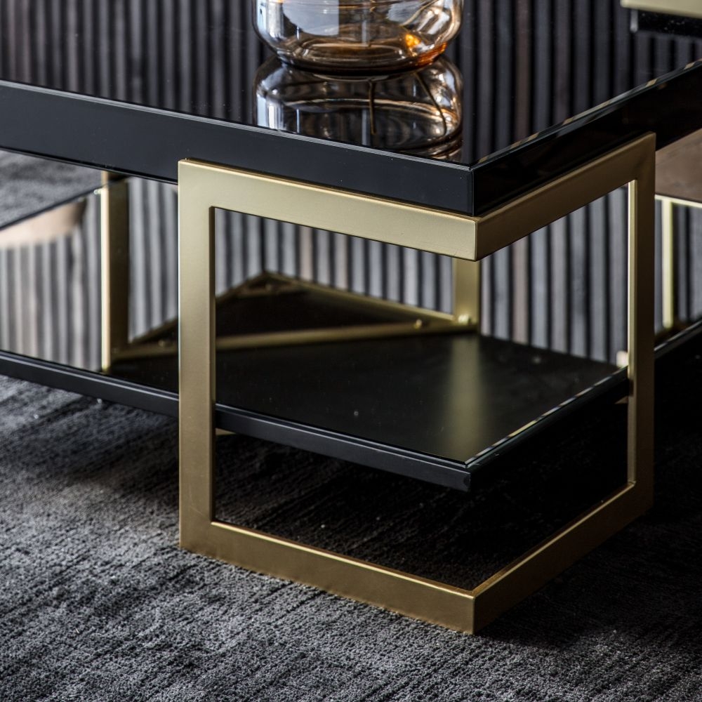 Product photograph of Ardella Black Glass Square Coffee Table - Gold Base from Choice Furniture Superstore.