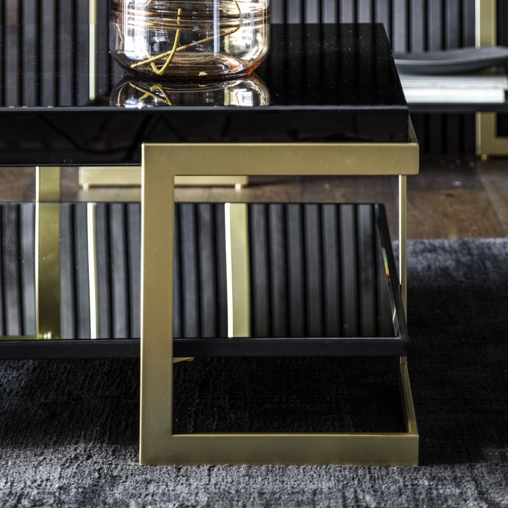 Product photograph of Ardella Black Glass Square Coffee Table - Gold Base from Choice Furniture Superstore.