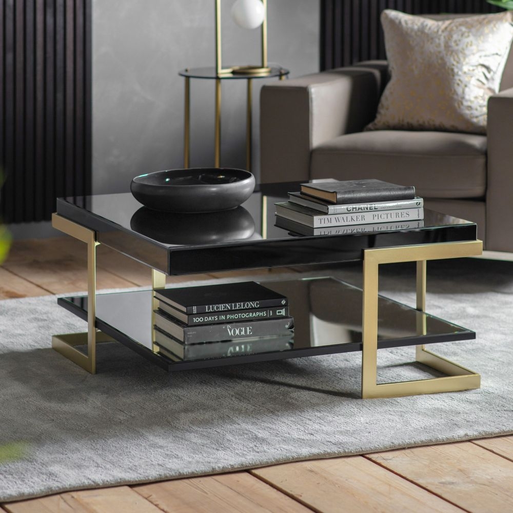 Product photograph of Ardella Black Glass Square Coffee Table - Gold Base from Choice Furniture Superstore.