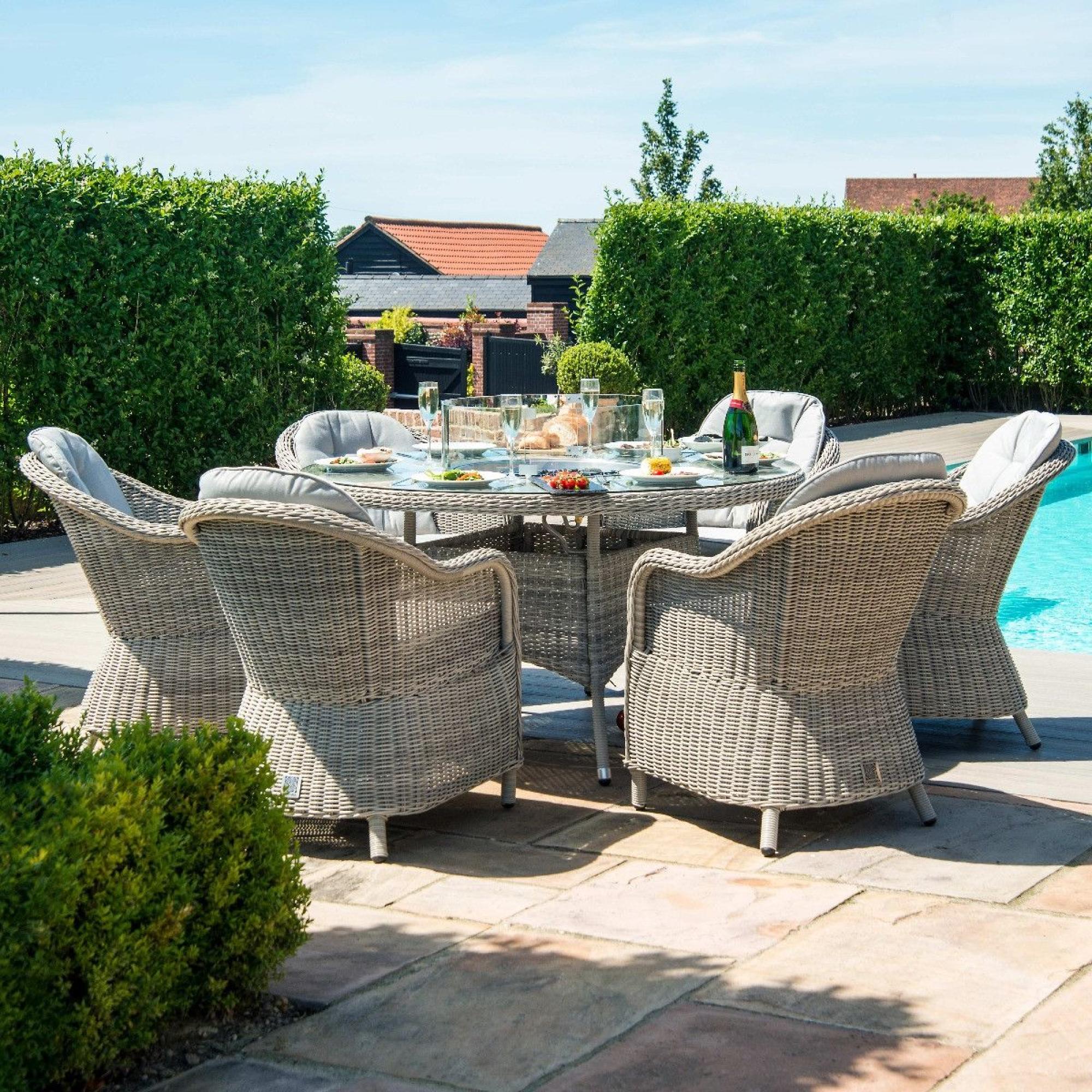 Product photograph of Maze Oxford Heritage 6 Seat Round Rattan Fire Pit Dining Set With Lazy Susan from Choice Furniture Superstore.
