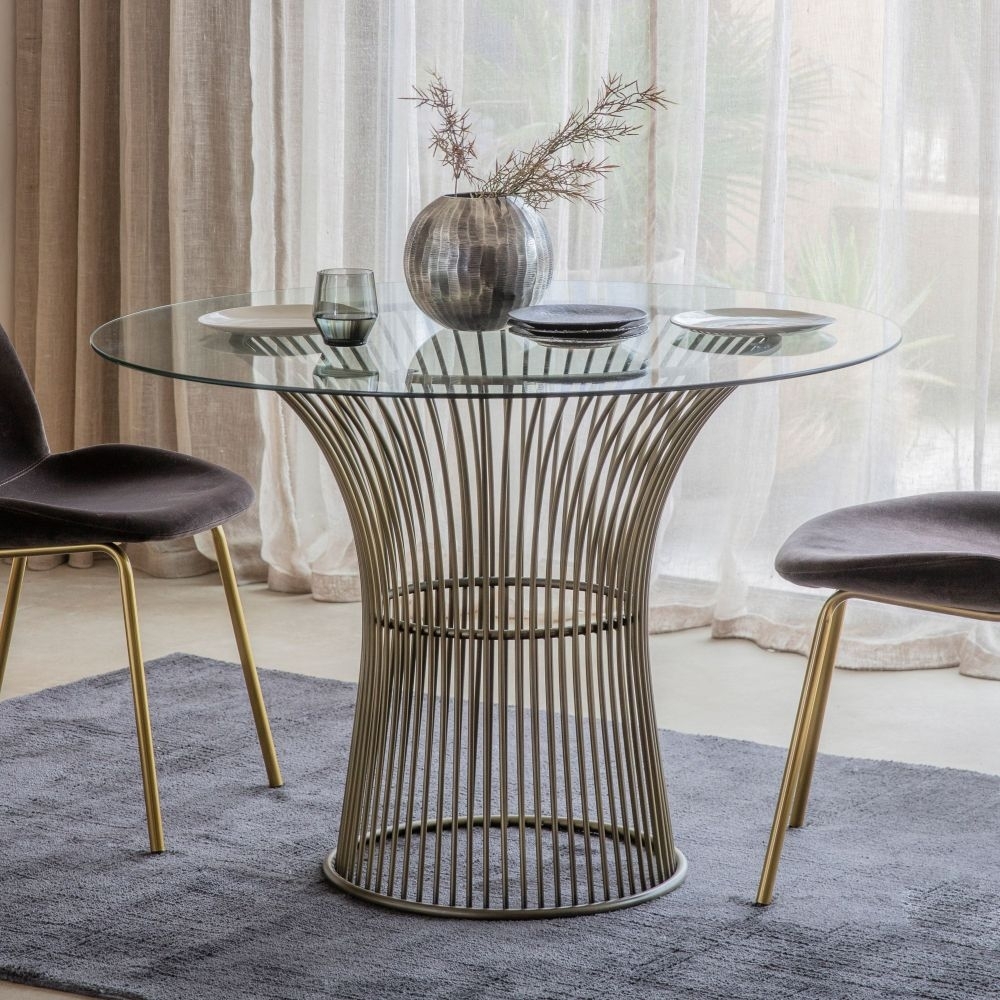 Product photograph of Blaine Bronze And Glass Round Pedestal Dining Table - 4 Seater from Choice Furniture Superstore.