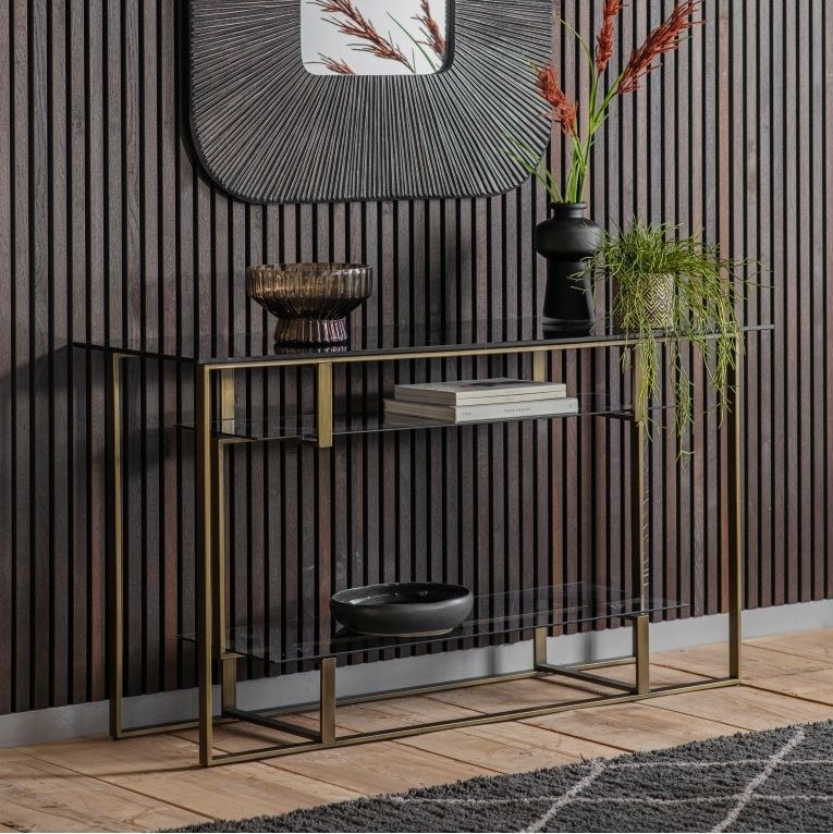 Product photograph of Thornton Bronze And Glass Geometric Console Table from Choice Furniture Superstore.